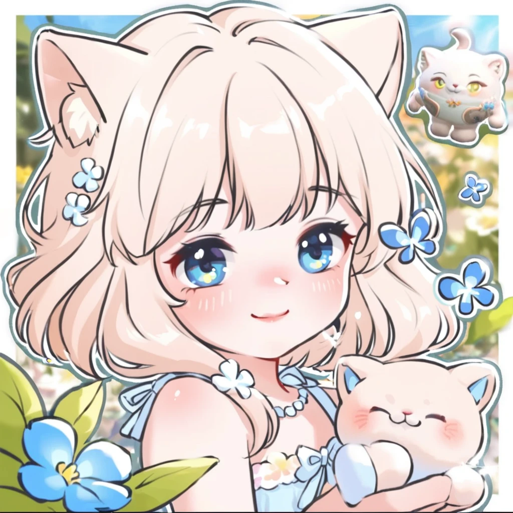 A shy sweet little cat girl in a flowery summer dress grinning in a sunny garden, tries to catch small butterflies, plush, fluffy, adorable, Hyperdetailed Photography, cinematic, best quality, ultra-detailed<lora:cute_head:0.85>