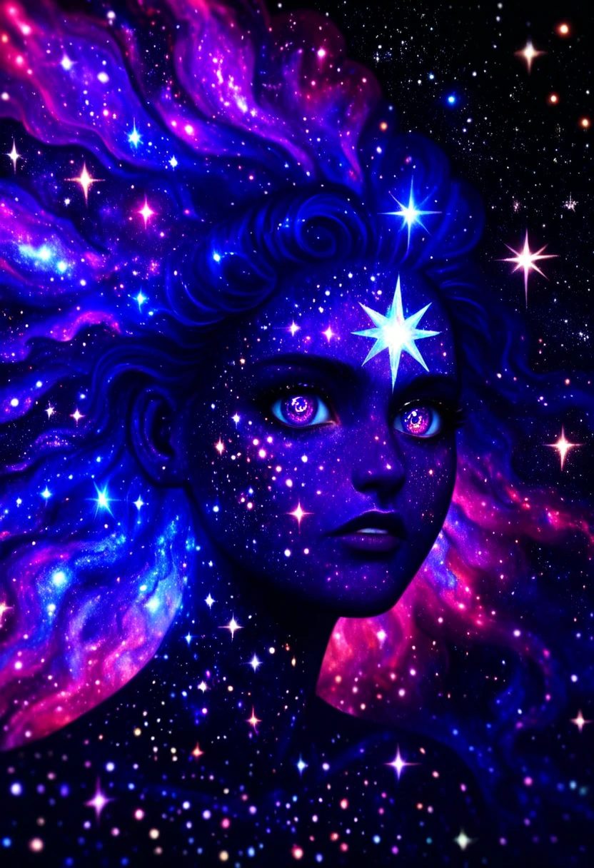 dark celestialskin void cosmic body female Late twenties, Robust, Polynesian, Violet eyes, Pointed Ears, Square Chin, Plump Cheeks, High Forehead, Soft and ethereal makeup , Peach Milkmaid braid hair, Fear wearing Seersucker Cropped wide-leg jumpsuit, Tie-dye Asymmetric top, , , , One hand pointing, signaling direction, <lora:CelestialSkin-20_1.2+kionantArtistStyle_v10_0.6:1>