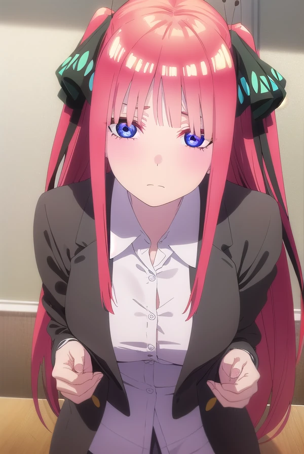 ninonakano, <lora:nino nakano s2-lora-nochekaiser:1>,
nino nakano, long hair, bangs, blue eyes, hair ornament, hair ribbon, pink hair, blunt bangs, two side up, butterfly hair ornament,
BREAK skirt, shirt, long sleeves, white shirt, pleated skirt, open clothes, collared shirt, sleeves past wrists, dress shirt, cardigan, green skirt, open cardigan, black cardigan,
BREAK indoors, classroom,
BREAK looking at viewer,
BREAK <lyco:GoodHands-beta2:1>, (masterpiece:1.2), best quality, high resolution, unity 8k wallpaper, (illustration:0.8), (beautiful detailed eyes:1.6), extremely detailed face, perfect lighting, extremely detailed CG, (perfect hands, perfect anatomy),