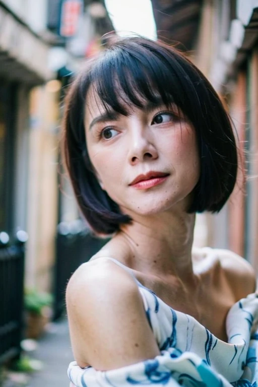 Best quality,masterpiece,ultra high res,(photorealistic:1.2),1girl,in the dark,deep shadow,low key,(photorealistic:1.2),slim body,undone hair,off shoulder,japanese street alley,dynamic pose,face closeup,<lora:sinje_lee:1>,<lora:20231026-1698309368847:0.6>,