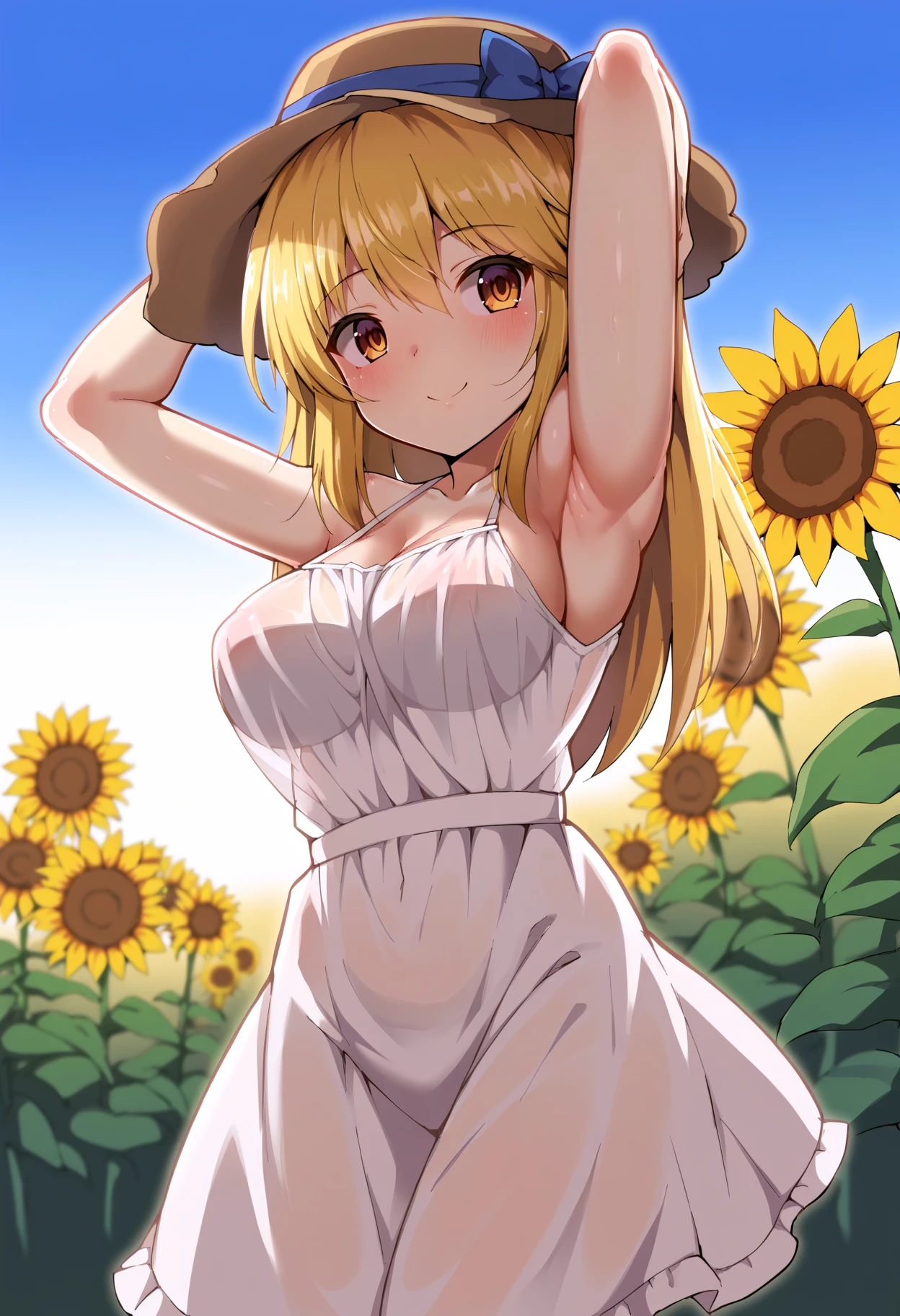 score_9, score_8_up, score_7_up, score_6_up, score_5_up, score_4_up,
white background, border, simple background, gradient background,
refraction, caustics, rim lights, backlighting, bloom,
BREAK
source_anime, day, outdoors, sky, flower field, sunflower, sunflower field, sunset,
BREAK
1girl, sundress, sunhat, blonde hair, large breasts, see-through silhouette, happy, hair between eyes,
arms up, armpits, light smile,
 <lora:Ayagi Daifuku-v2-PDXL:1>