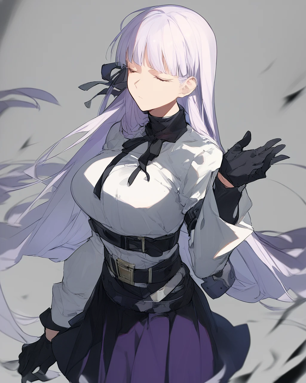 amazing,hight,score_9,1girl, solo, closed_eyes, kirigiri_kyouko, black_gloves, bangs, white_shirt, purple_hair, long_sleeves, black_background, very_long_hair, hand_up, cowboy_shot, hair_ribbon, black_skirt, breasts, black_belt