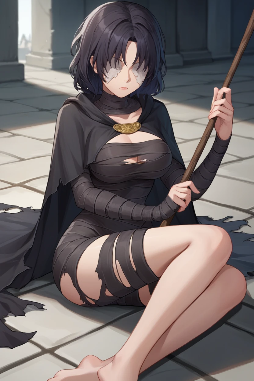 score_9, score_8_up, source_7_up, source_anime BREAK 1girl  <lora:maideninblack-pdxl-nvwls-v1:1> maideninblack, black hair, black cape, torn cape, black dress, bandages, bare feet, covered eyes, large breasts, looking at viewer, dark building, dungeon, stone floors, holding a long stick, sitting on the ground, expressionless