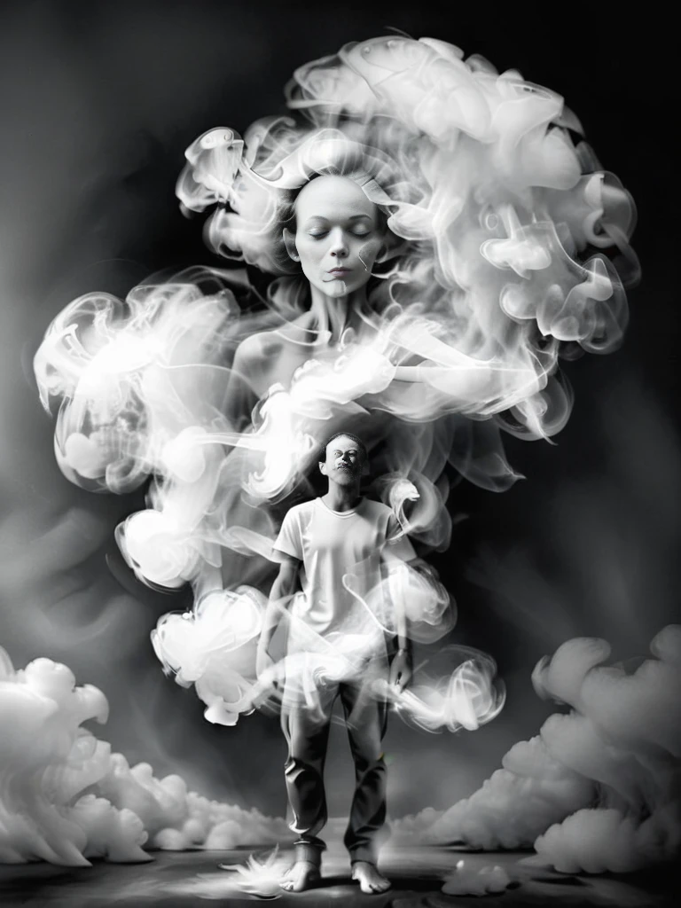 Nude plaster model pierced by a bullet and exploded, exploding plaster fragments fly into the air, dramatic action and exaggerated expression, grayscale image, background made of lines