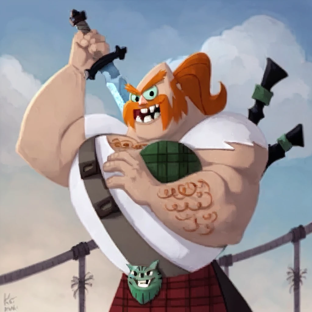 Scotsman, <lora:ScotsmanSDXL:0.8>,score_9, score_8_up, score_7_up, solo,1boy,sword on back,male focus,teeth,vest,Bagpipes,plaid,ginger hair,kilt,source_cartoon,scotsman from samurai jack