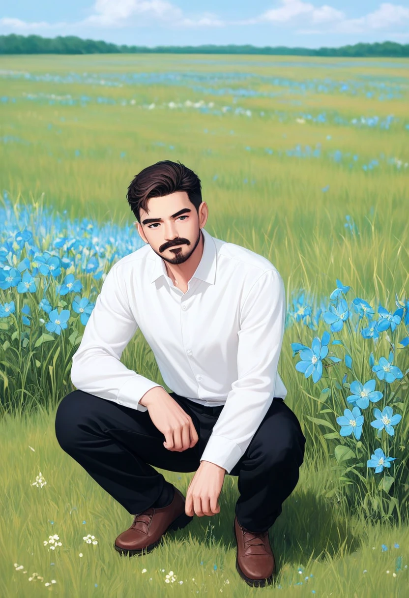score9,score8up,score7up,score6up, ratingsafe, 1boy, solo, shirt, male focus, outdoors, flower, white shirt, shadow, squatting, facial hair, pants, collared shirt, black pants, grass, long sleeves, short hair, day, black hair, brown hair, blue flower, mustache, shoes, brown footwear, sky
