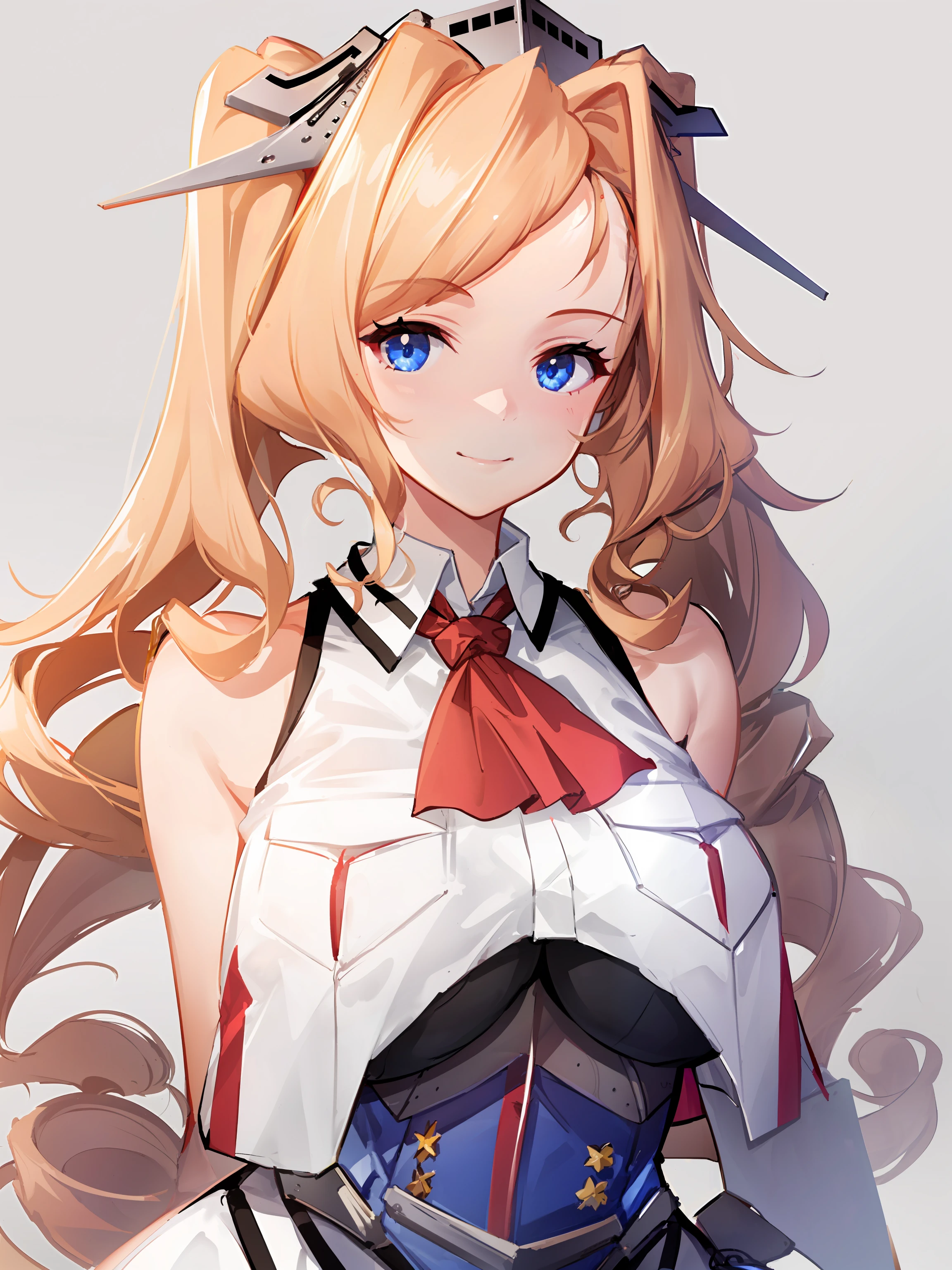 honolulu \(kancolle\), 1girl, solo, breasts, large breasts, breast pocket, pocket, grey background, simple background, sleeveless, smile, upper body, red ascot, ascot, looking at viewer, original, intricate detail, illustration, masterpiece, extremely detailed CG unity 8k wallpaper, highlight, sharpening, dynamic, <lora:Honolulu:0.8>,