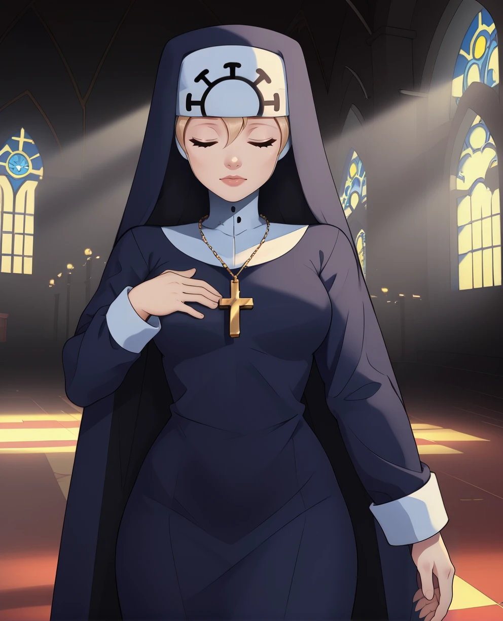 Double,closed eyes,
standing,hand on own chest,
blue habit,cross necklace,long sleeves,nun,
church,<lora:Double:0.8>,
Cinematic Lighting,