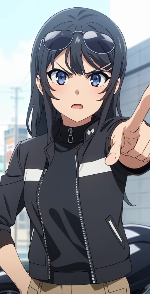 MSV2, 1girl, solo, upper body portrait, close up, angry, looking at viewer, pony tail, aviators on head, leather jacket, pointing at viewer, motorcycle background, perfect quality, good quality, masterpiece, HDR, UHD <lora:Mai Sakurajima V2-000003:0.7>