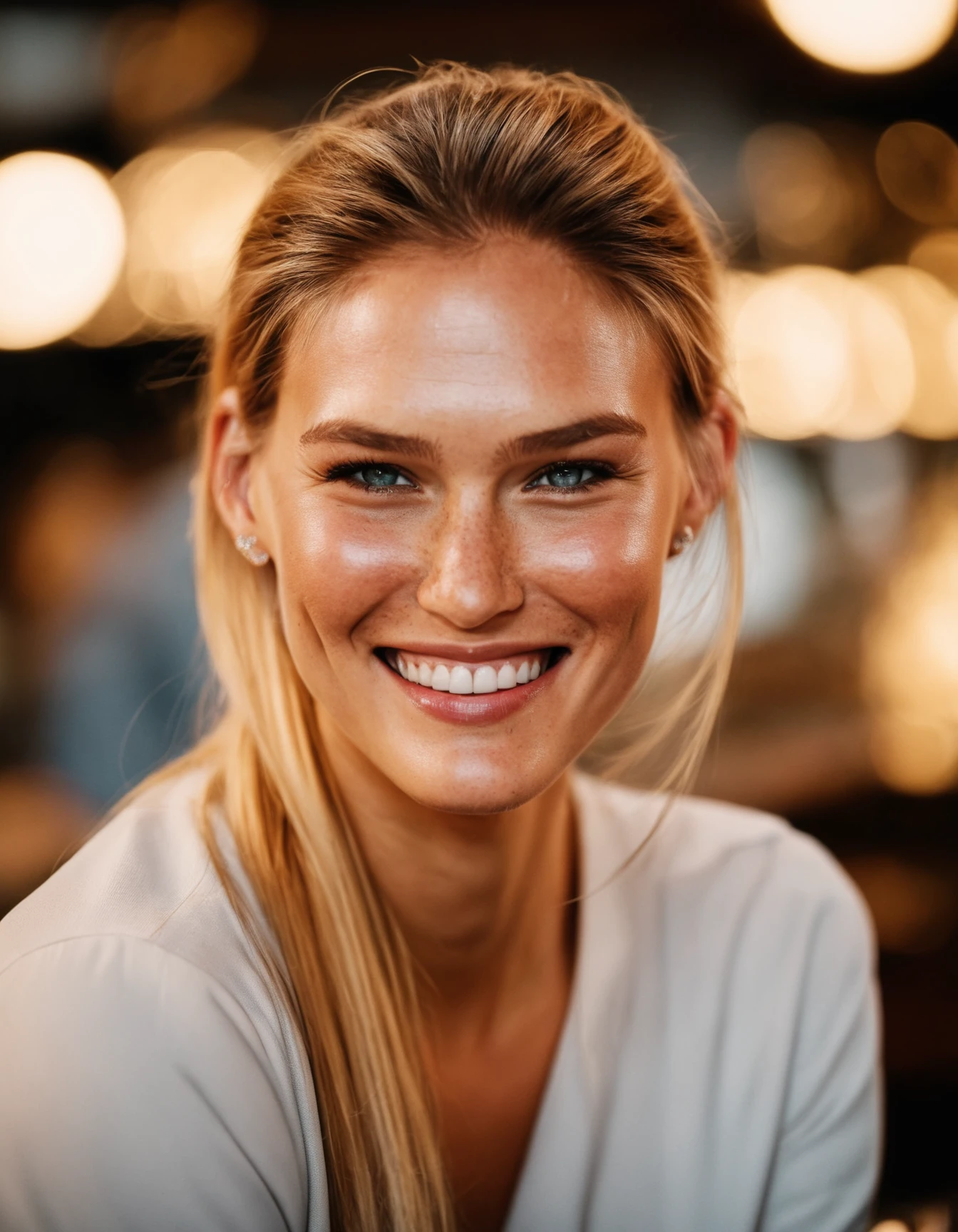 Pretty beautiful blonde in a restaurant sitting with a drink in hand smiling, highly detailed, 20 ans, visage innocent, naturally wavy hair, yeux bleus, high resolucion, шедевр, intricate high detail, highly detailed, mise au point nette, detailed skin, realistic skin texture, Texture, detailled eyes, Professionnel, 4K, sourire charmant, prise avec Canon, 85 mm, Light depth of field, Kodak Vision Couleur, perfect fit body, extremly detailed, photographier_\(ultra\), photographierRealstic, Realstic, Post-traitement, maximum details, roughness, real life, ultrarealistic, photorealism, Photographie, 8K UHD, Photographie