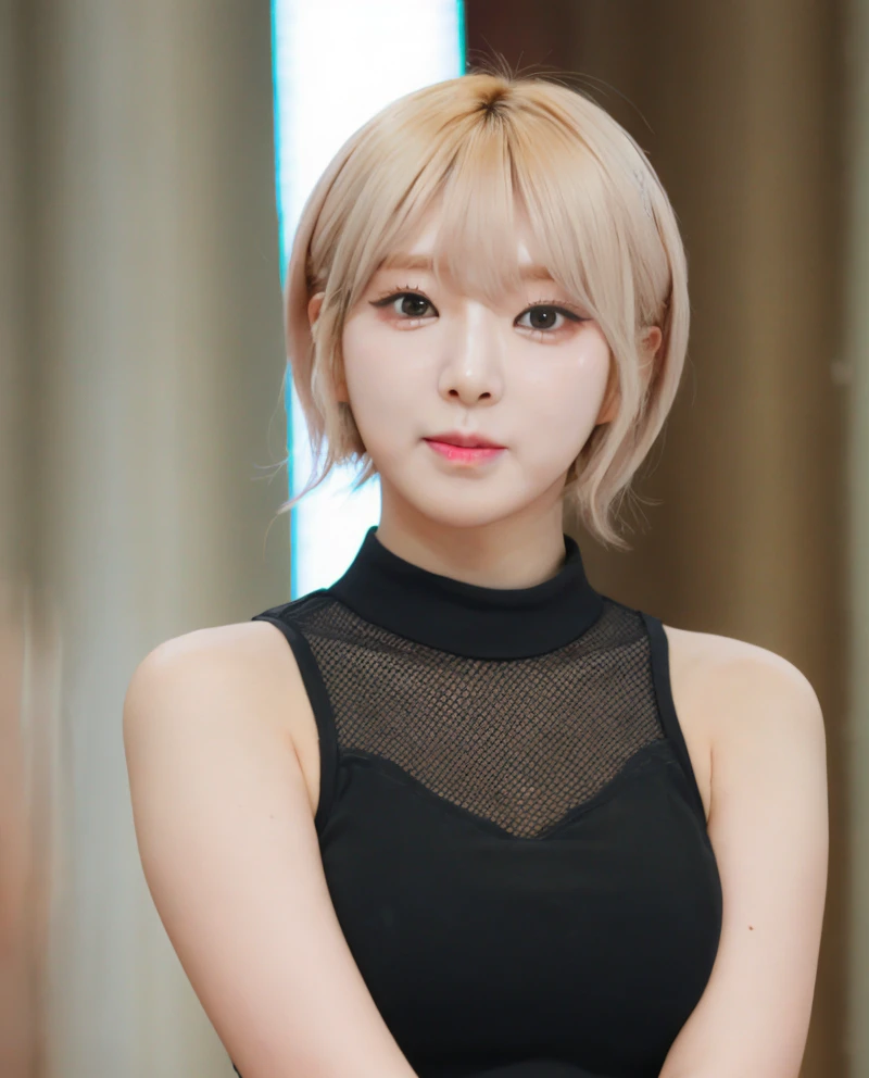 a photography of choa,blonde, realistic, photorealistic, detailed skin, surface scattering, bokeh, skin pores, <lora:choa:1> wearing a dress,korean idol