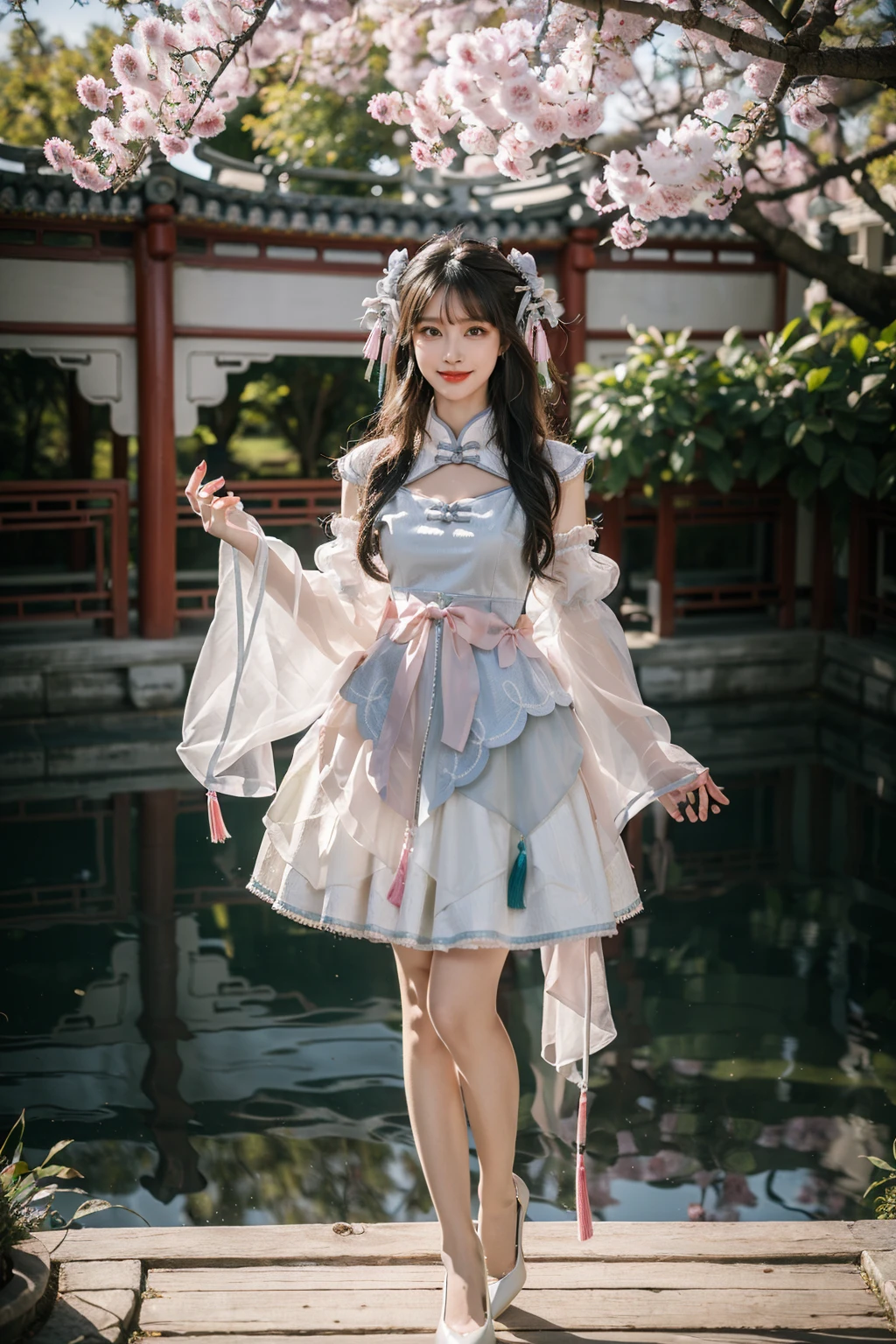 best quality, masterpiece, realistic, photorealistic, 1girl, solo, looking at viewer, smile, long black hair, bangs, standing, arms at side, full body, cyb dress, chinese clothes, detached collar, clothing cutout, wide sleeves, see-through sleeves, tassel, high heels, chinese garden, tree, water, <lora:cn_style_attire_vol2_style8_v2:0.7>