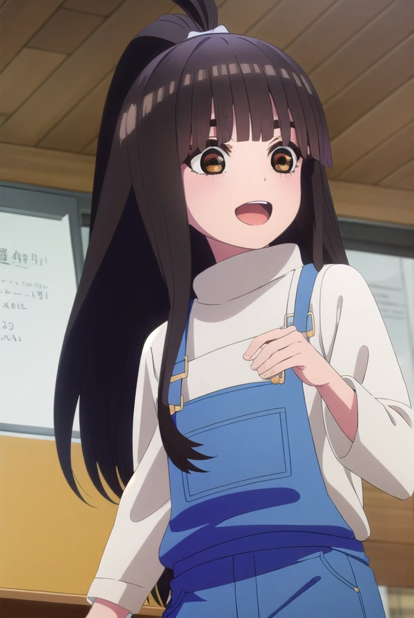 raihauesugi, <lora:raiha uesugi s2-lora-nochekaiser:1>, 
raiha uesugi, long hair, bangs, black hair, (brown eyes:1.5), ponytail, blunt bangs, smile, open mouth,
BREAK shirt, white shirt, pants, overalls,
BREAK indoors, classroom,
BREAK looking at viewer, (cowboy shot:1.5),
BREAK <lyco:GoodHands-beta2:1>, (masterpiece:1.2), best quality, high resolution, unity 8k wallpaper, (illustration:0.8), (beautiful detailed eyes:1.6), extremely detailed face, perfect lighting, extremely detailed CG, (perfect hands, perfect anatomy),