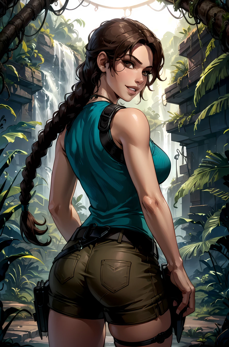 Lara Croft, teal tanktop, brown eyes, temple, tall female, mature,  jungle, back view, large breasts, 1 girl, masterpiece, shorts, looking back, smile, parted lips, long braid, masterpiece, best quality, upper body,  thigh holster, belt, 