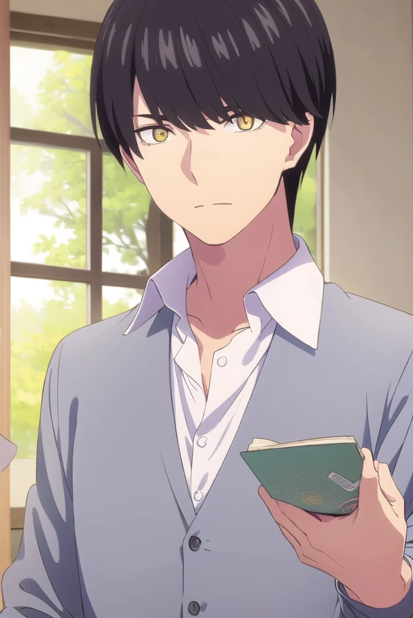 fuutarouuesugi, <lora:fuutarou uesugi s2-lora-nochekaiser:1>,
fuutarou uesugi, black hair, (yellow eyes:1.3), male focus,
BREAK shirt, white shirt, collared shirt, cardigan, pants,
BREAK indoors, classroom,
BREAK looking at viewer, dynamic pose, cowboy shot,
BREAK <lyco:GoodHands-beta2:1>, (masterpiece:1.2), best quality, high resolution, unity 8k wallpaper, (illustration:0.8), (beautiful detailed eyes:1.6), extremely detailed face, perfect lighting, extremely detailed CG, (perfect hands, perfect anatomy),