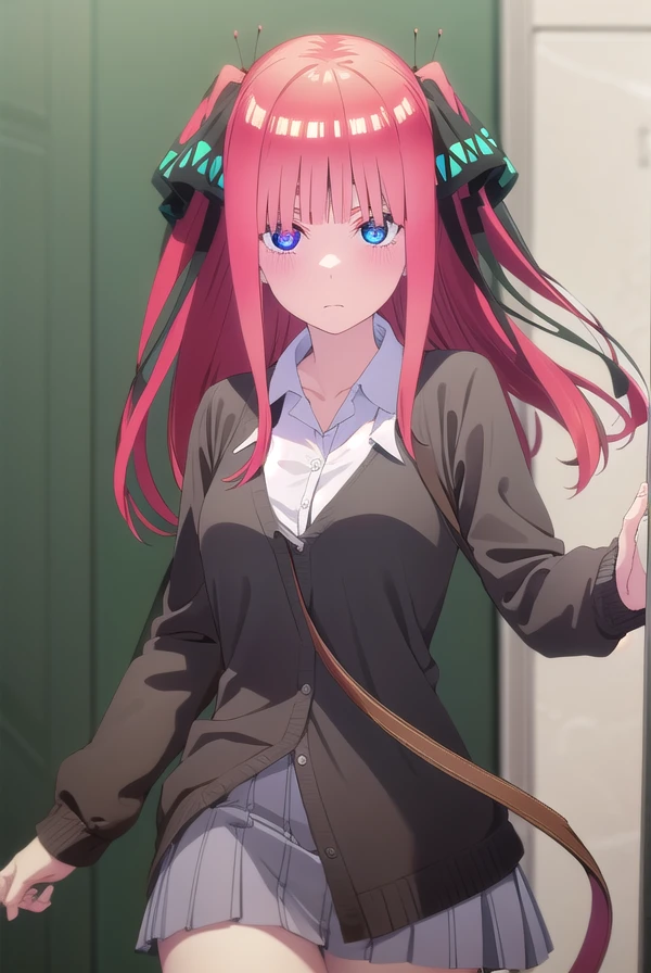 ninonakano, <lora:nino nakano s2-lora-nochekaiser:1>,
nino nakano, long hair, bangs, blue eyes, hair ornament, hair ribbon, pink hair, blunt bangs, two side up, butterfly hair ornament,
BREAK skirt, shirt, long sleeves, white shirt, pleated skirt, open clothes, collared shirt, sleeves past wrists, dress shirt, cardigan, green skirt, open cardigan, black cardigan,
BREAK indoors, classroom,
BREAK looking at viewer,
BREAK <lyco:GoodHands-beta2:1>, (masterpiece:1.2), best quality, high resolution, unity 8k wallpaper, (illustration:0.8), (beautiful detailed eyes:1.6), extremely detailed face, perfect lighting, extremely detailed CG, (perfect hands, perfect anatomy),