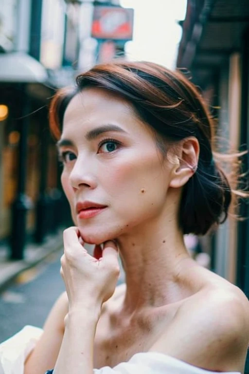 Best quality,masterpiece,ultra high res,(photorealistic:1.2),1girl,in the dark,deep shadow,low key,(photorealistic:1.2),slim body,undone hair,off shoulder,japanese street alley,dynamic pose,face closeup,<lora:sinje_lee:1>,<lora:20231026-1698309368847:0.6>,