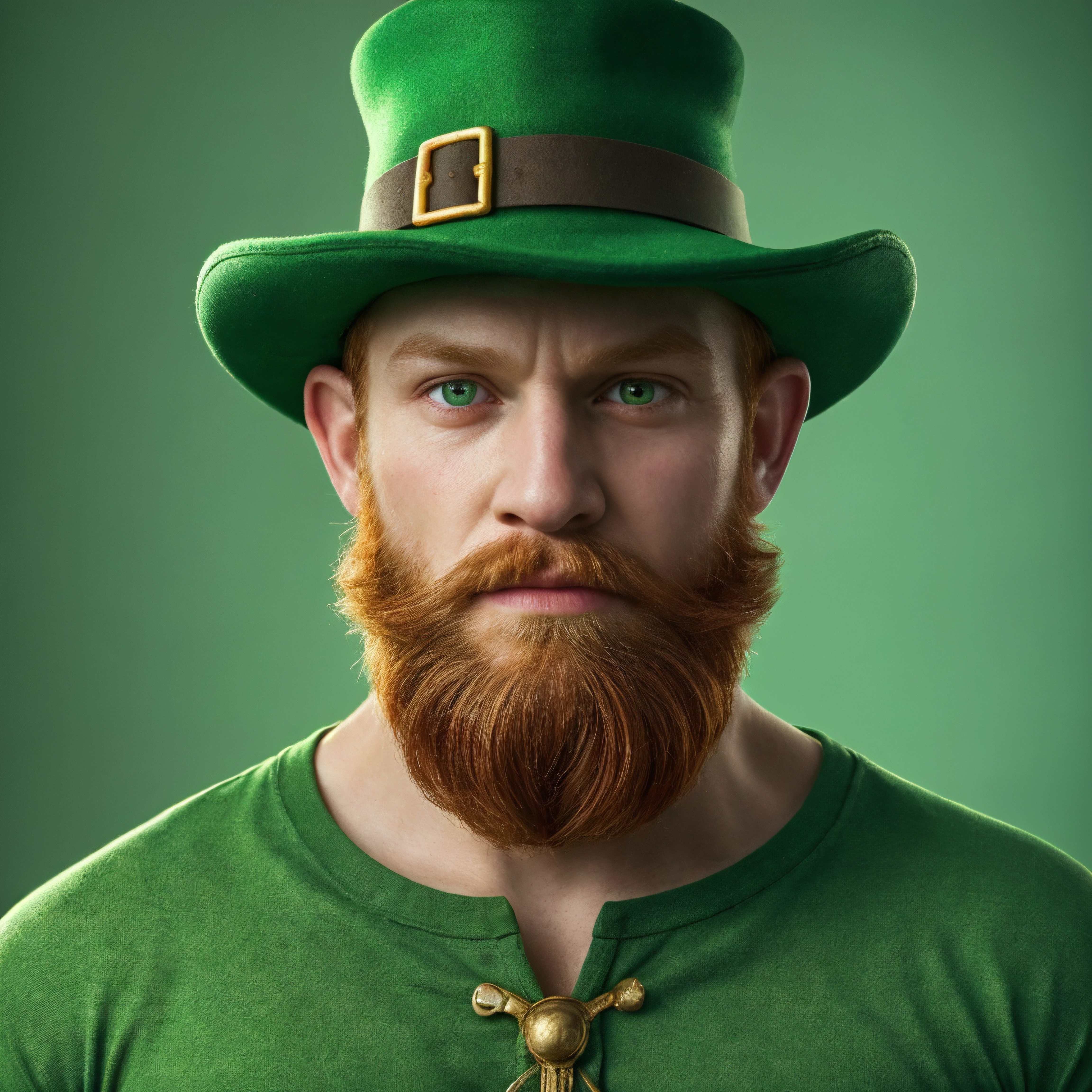 Leprechaun, green clothes, leprechau hat, beard, 1male, leprechaunmale, 1boy, muscular, (face:1.1), masterpiece, high details, high quality, best quality, highres <lora:LeprechaunMale:0.4>