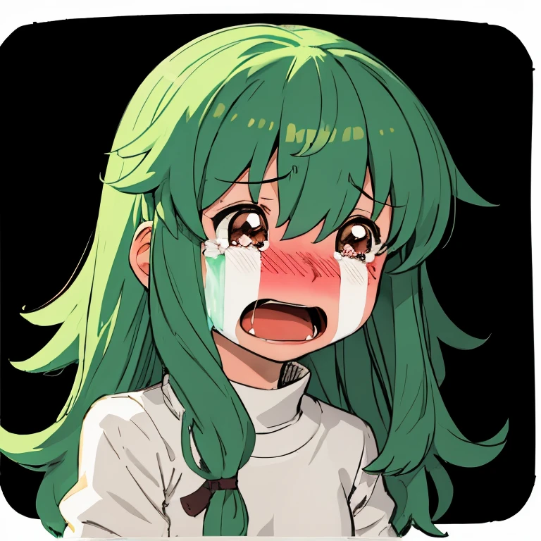 tears,crying,blush,1girl,solo,long hair,open mouth,green hair,d:,flat color,<lora:marisad_concept-10:1>,