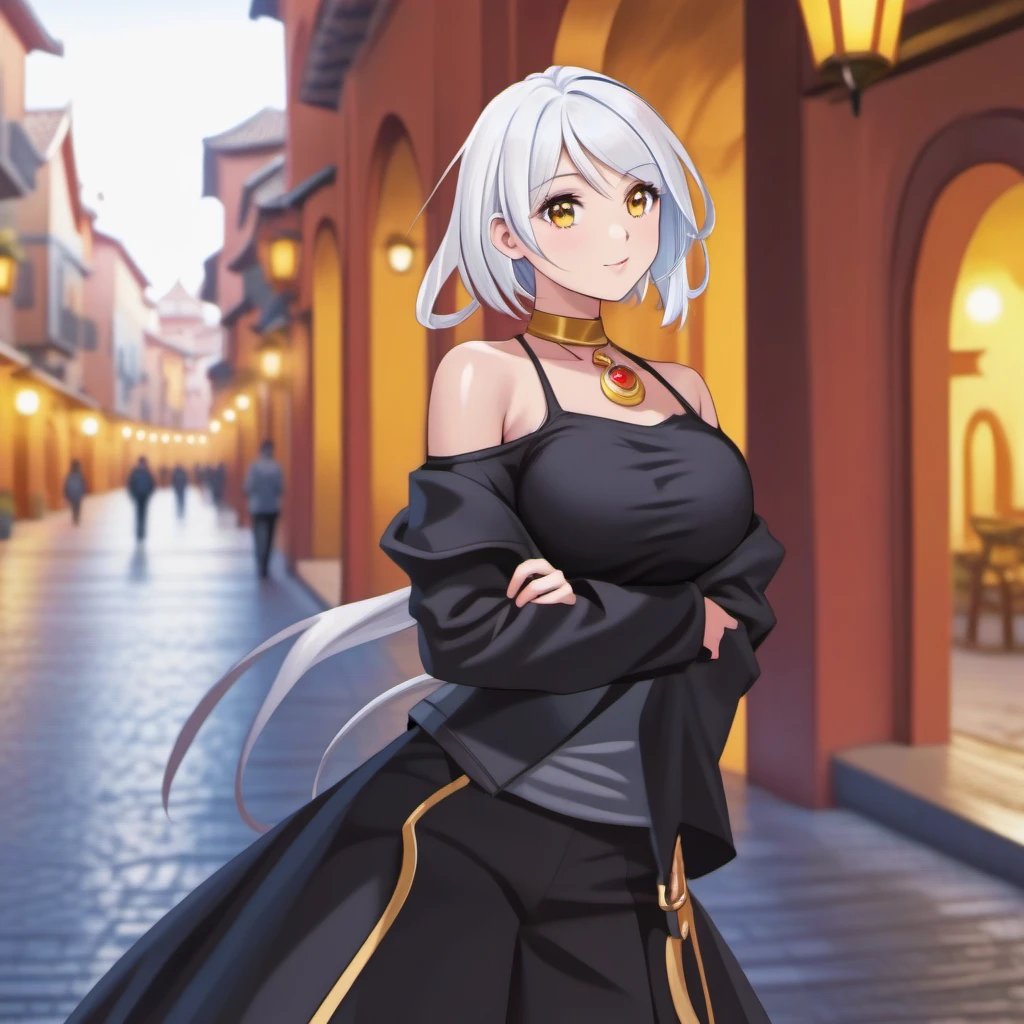 <lora:QIxl:1> , <lora:negativeXL_D:1>, qixl, (1girl), solo, white hair, bare shoulder, black clothes, amber eyes, clothing cutout, best quality, medium shot, flirting pose, random scenery background