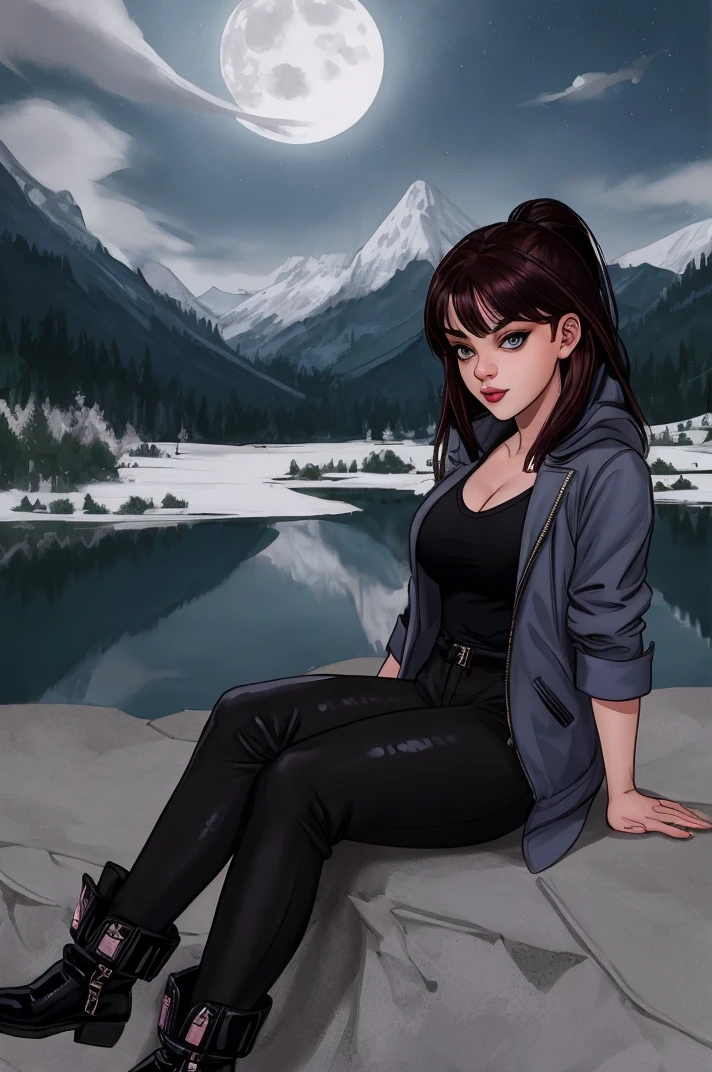 tv_Pure_Kitty_PS_V1,  , sad expression, wearing a winter coat, wearing winter pants, wearing winter boots, sitting on a rock by a frozen mountain lake, midnight, moonlight, shot from the side, ,  (((relaxed))), "epic-Ultra-HD-details", "epic-Ultra-HD-highlights",  detailed skin, pores,