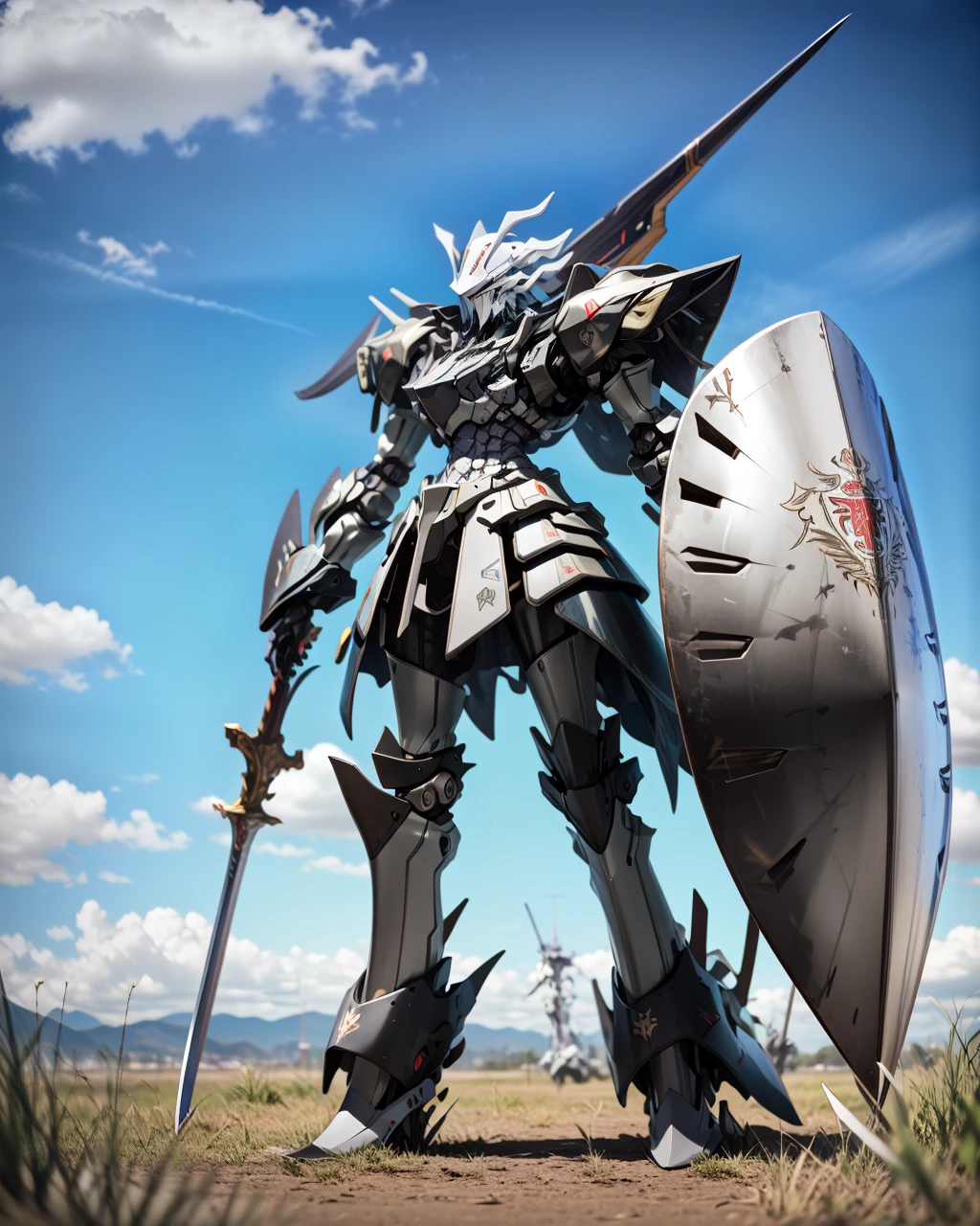 best quality,masterpiece,highly detailed,ultra-detailed,
sword on shoulder,
<lora:neg4all_bdsqlsz_V3.5:-1> <lora:cartoonisationer-V4-8:0.75><lora:cartoonisationer:0.75> <lora:MH:1> (mh, fss:1), robot, mecha, no humans, solo,holding weapon, shield, sword,family crest, text, gameplay mechanics, hor
blue sky, grass,blurry background, blurry foreground,, cybernetic robot,android, AI, machine, metal, wires, tech, futuristic, highly detailed
