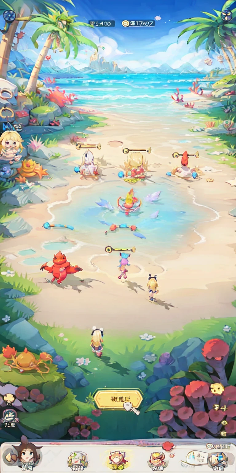 gmic_\(gui\), a game screen with a cartoon character playing on it and a beach in the background with a lot of plants, bamboo, beach, cloud, coconut, day, fake screenshot, grass, horizon, island, leaf, multiple girls, ocean, outdoors, palm leaf, palm tree, plant, potted plant, sand, shore, swimsuit, tree, vines, water, weapon,<lora:gmic_ç«å±çé¢v2-000008:0.85>,