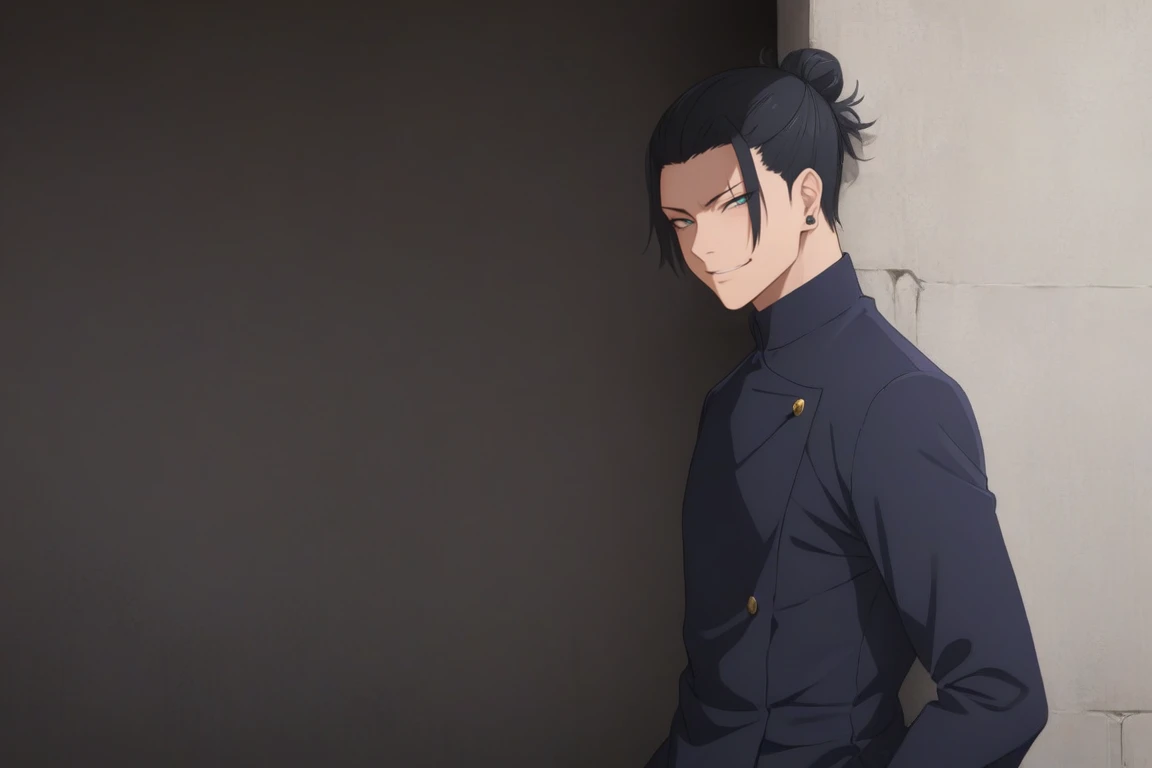 1boy, black_hair,hair_bun,gakuran,dynamic_pose,cowboy_shot,back_against_the_wall,hands_in_pockets,smirk,black_eyes,ear_peircing,(masterpiece,best quality,highres:1.3),detailed_face,solo_focus,alone,Getou Suguru ,looking_at_viewer,detailed_eyes<lora:EMS-289246-EMS:0.700000>, <lora:EMS-313173-EMS:0.800000>