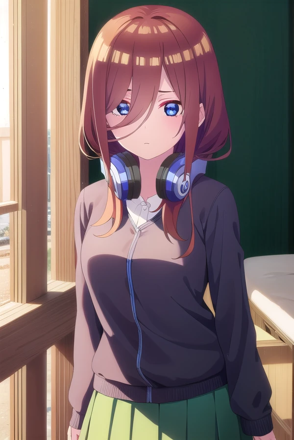 mikunakano, <lora:miku nakano s2-lora-nochekaiser:1>, 
miku nakano, long hair, bangs, blue eyes, brown hair, shirt, hair between eyes, headphones, cardigan, headphones around neck,
BREAK skirt, shirt, long sleeves, white shirt, pantyhose, pleated skirt, black pantyhose, cardigan, green skirt, blue cardigan,
BREAK indoors, classroom,
BREAK looking at viewer, 
BREAK <lyco:GoodHands-beta2:1>, (masterpiece:1.2), best quality, high resolution, unity 8k wallpaper, (illustration:0.8), (beautiful detailed eyes:1.6), extremely detailed face, perfect lighting, extremely detailed CG, (perfect hands, perfect anatomy),