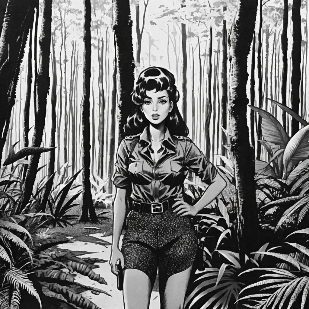a jungle girl standing in forest <lora:Xenozoic_v4:0.9> xzoiccad grayscale