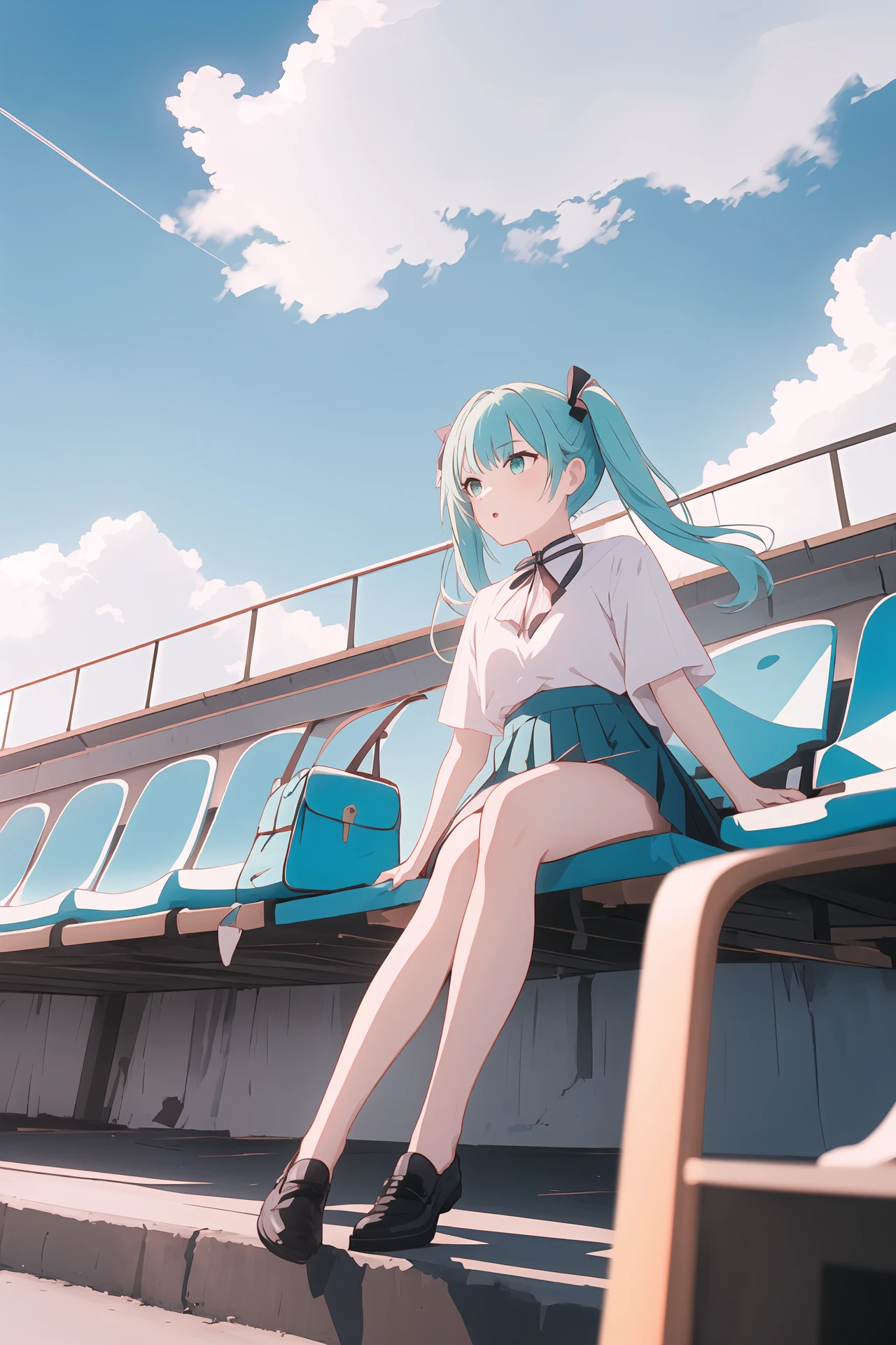 (best quality, masterpiece, highres),1girl,solo,twin tails hair,aqua clothes,shoulder bag,tuxedo,skirt,wind,dynamic_angle,cloud,sky,
<lora:BX_stadium seats_v1.16:1>,seats,