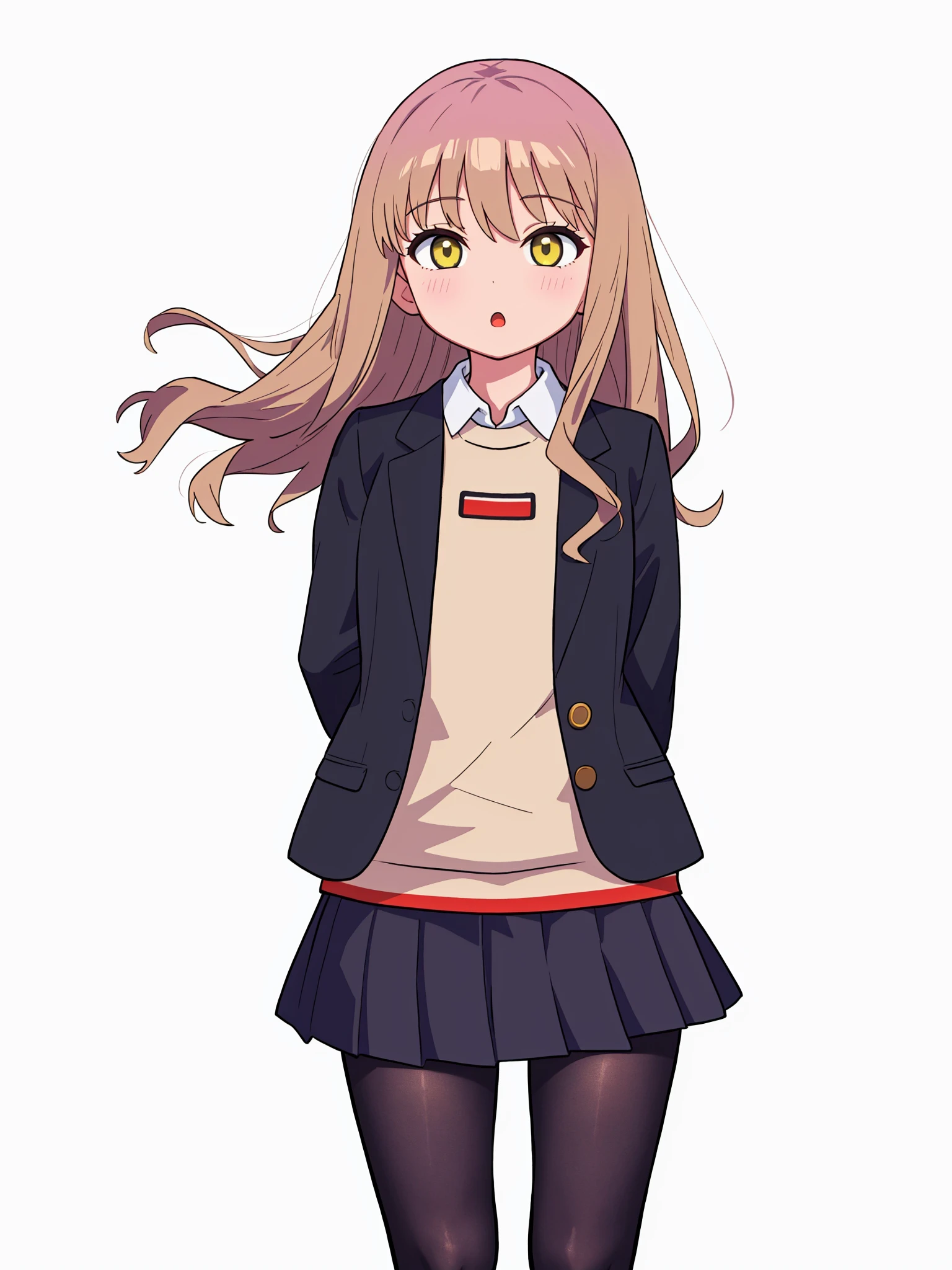 1girl, solo, black_skirt, yellow_background, :o, pantyhose, standing, ssss.dynazenon, feet_out_of_frame, arms_behind_back, long_sleeves, jacket, skirt, copyright_name, school_uniform, pleated_skirt, looking_at_viewer, black_pantyhose, minami_yume, blazer, gridman_universe, miniskirt, open_mouth,best quality,amazing quality,very aesthetic,absurdres,simple_background, <lora:minami_yumev15:1>