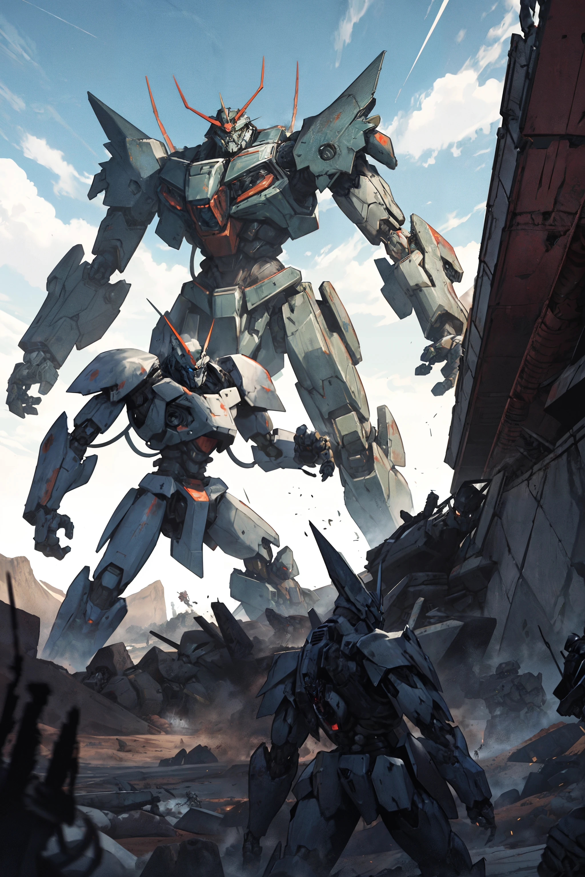 a scene of a monster and a mecha, fighting on a desolate battlefield