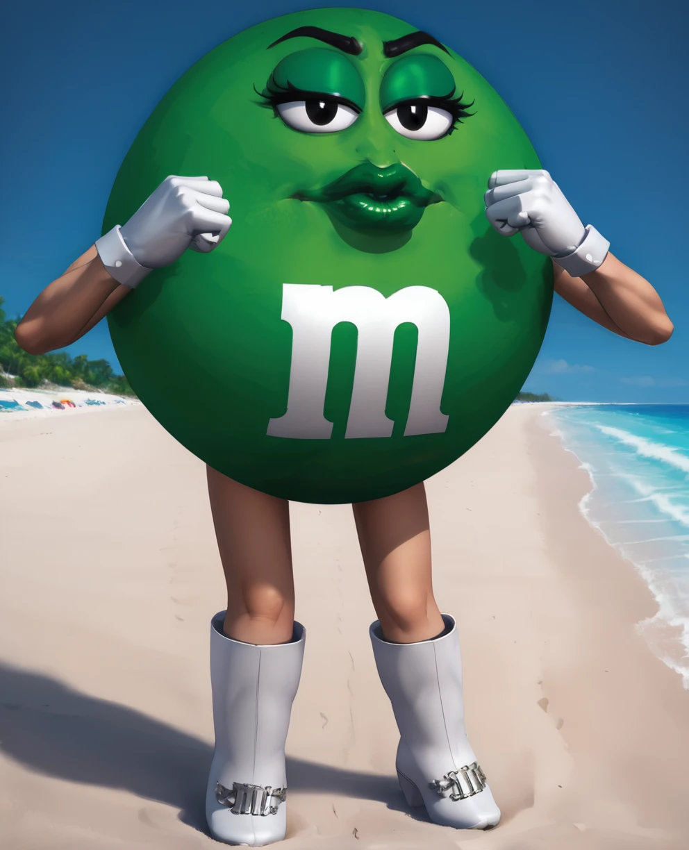 msgreen,white gloves,black eyes, clenched hands,
standing,boots, green eyeshadow, lips, 
beach resort,morning,
<lora:MsGreen:1>,
