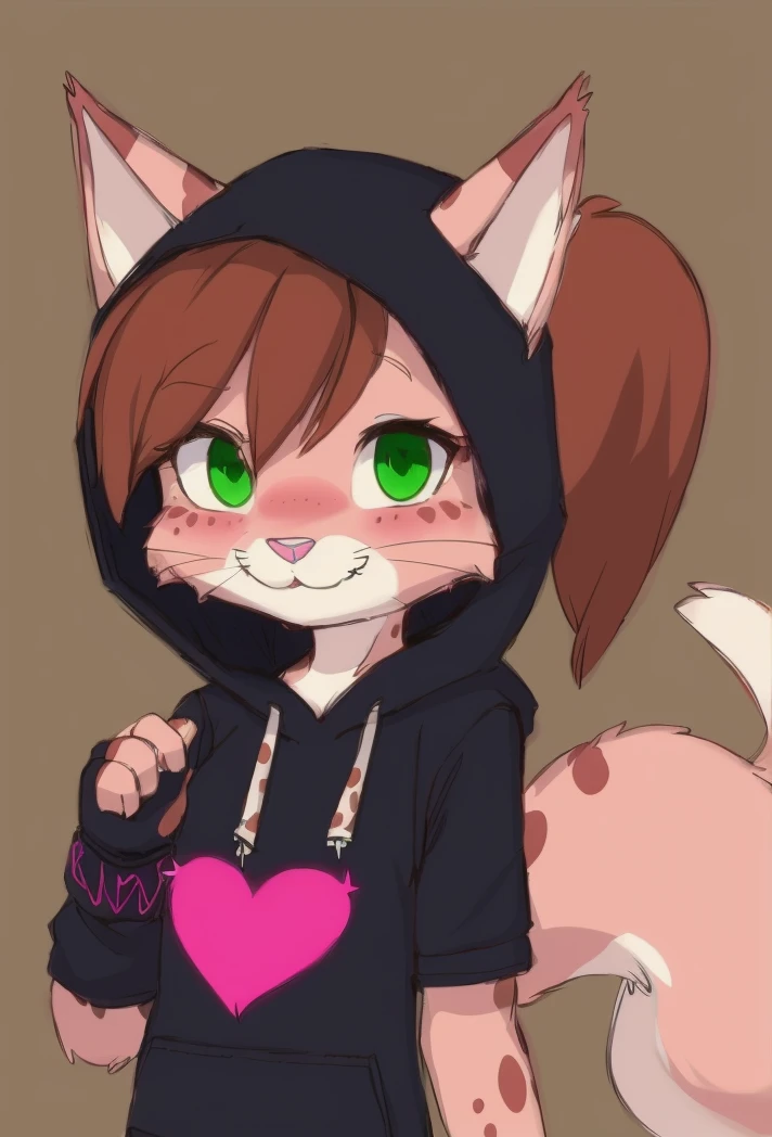 1 girl ,amandasc , Spots on the body , green eyes,brown skin , ponytail ,furry , furry female ,solo ,pink cat nose ,brown hair ,fringe , , shirt with engraved heart , , <lora:amandasc:0.8> , hood, black sweater, smiling, fingerless gloves