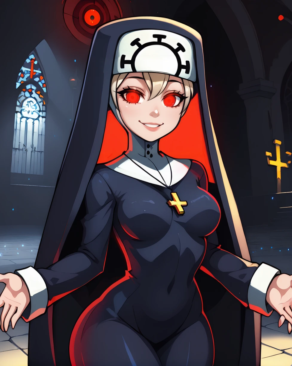 Double,light smile,glowing  red eyes, 
skin tight, standing,  hips, 
blue habit,cross necklace,long sleeves,nun,
church,red lighting,dim lighting,
<lora:Double:0.9>,