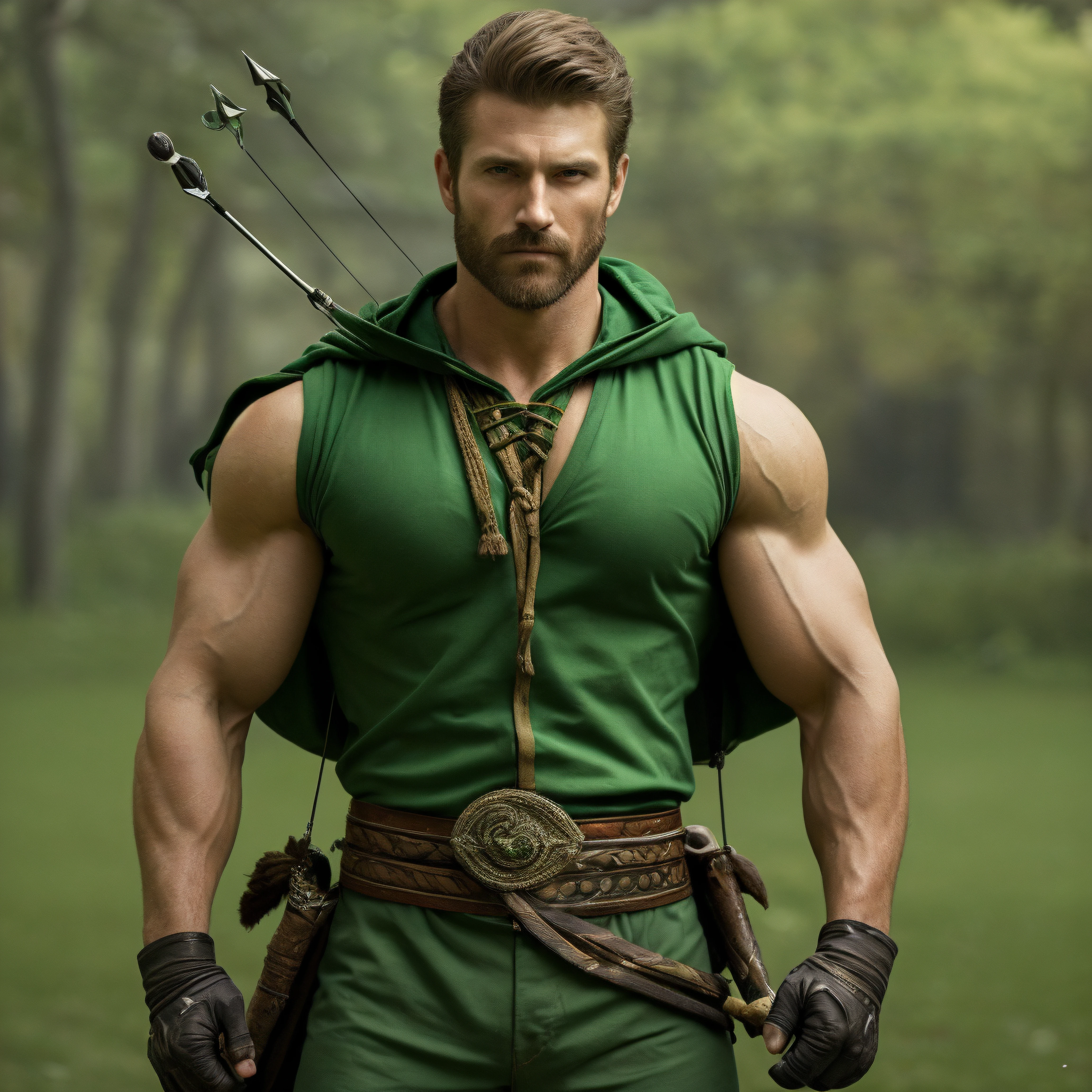 1male, 1boy,  body, beard, muscular, face, pectoral, biceps, (clothes:1), green archer costume, green archer costume, <lora:MidjourneyMaleStyle:0.6>, UHD, masterpiece, high details, high quality, best quality, highres