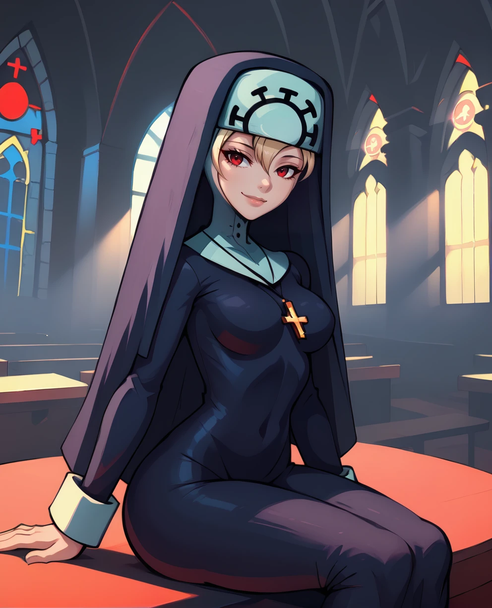 Double, light smile, red eyes,
sitting, skin tight,
blue habit,cross necklace,long sleeves,nun,
church, red lighting, dim lighting,
<lora:Double:0.9>,