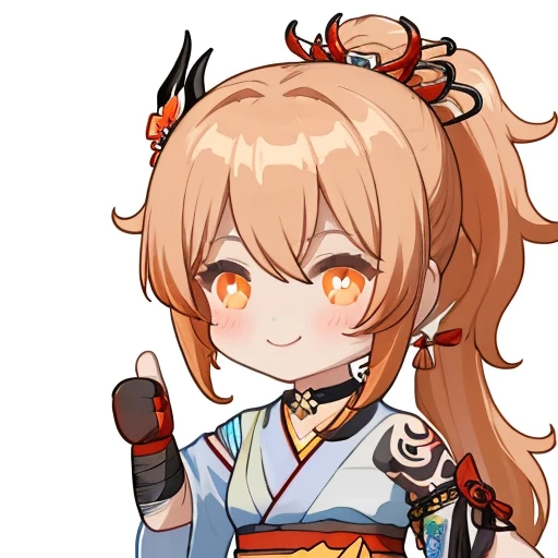 <lora:thumb-up:1>, thumbs-up, yoimiya \(genshin impact\), 1girl, solo, smile, japanese clothes, sarashi, tattoo, hair ornament, choker, white background, sidelocks, simple background, hadanugi dousa, hair between eyes, bangs, chibi, gloves, orange eyes, fingerless gloves, bandages, chest tattoo, light brown hair, kimono, looking at viewer, black gloves, shimenawa, bandaged arm, arm tattoo, long hair, ponytail, rope