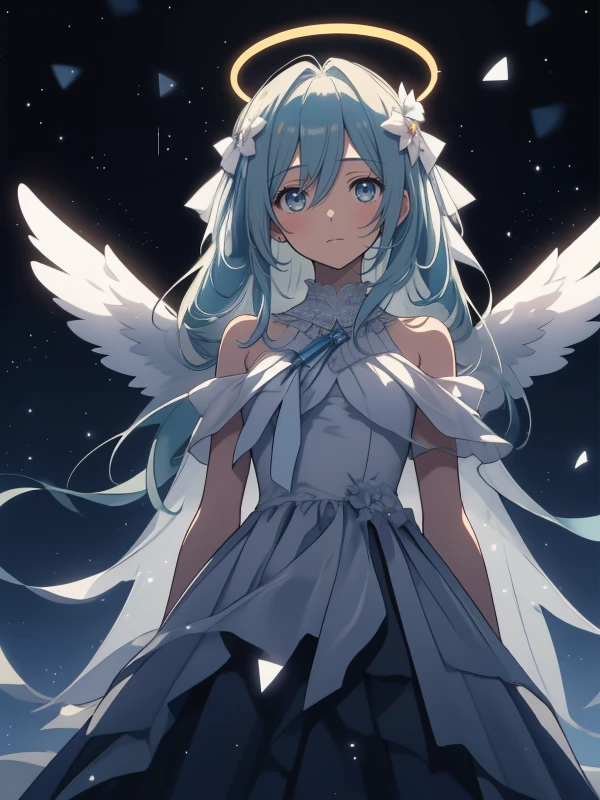 masterpiece, best quality, hatsune miku, white gown, angel, angel wings, golden halo, dark background, upper body, (closed mouth:1.2), looking at viewer, arms behind back, blue theme, stars, starry night