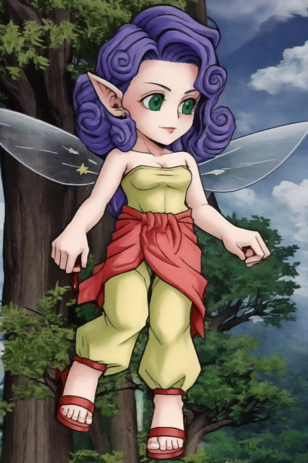 dissidia,fairy,full body, blue hair, 1girl,solo,green eyes,small breasts,curly hair,pointy ears,long hair,light green strapless shirt,pink sarong,light green harem pants,pink sandals,grass, tree, blue sky,closed mouth, smile,fairy wings,(best quality, masterpiece) <lora:fairy_v1:1> <lora:dissidia_v1:1>