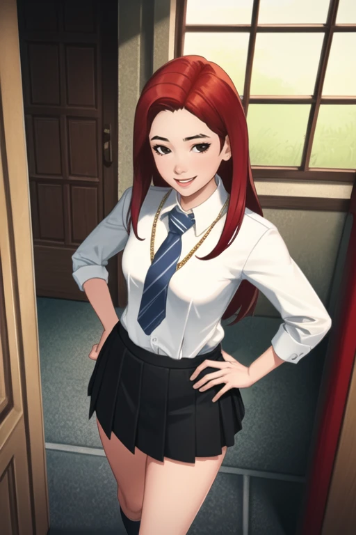 (best quality, ultra detailed), (detailed background:1.2), (perfect face, detailed face), looking at viewer, (mature female:1.4), smile, tulipkarasu, 1girl, red hair, long hair, solo, school uniform, black skirt, pleated skirt, jewelry, white shirt, collared shirt, necklace, medium breasts, blue necktie, striped necktie, sleeves rolled up, medium breasts, thighs, cowboy shot, standing, dynamic pose, hand on hip, hallway, (from above, window, indoors), <lora:TulipKarasu_v2:0.75>