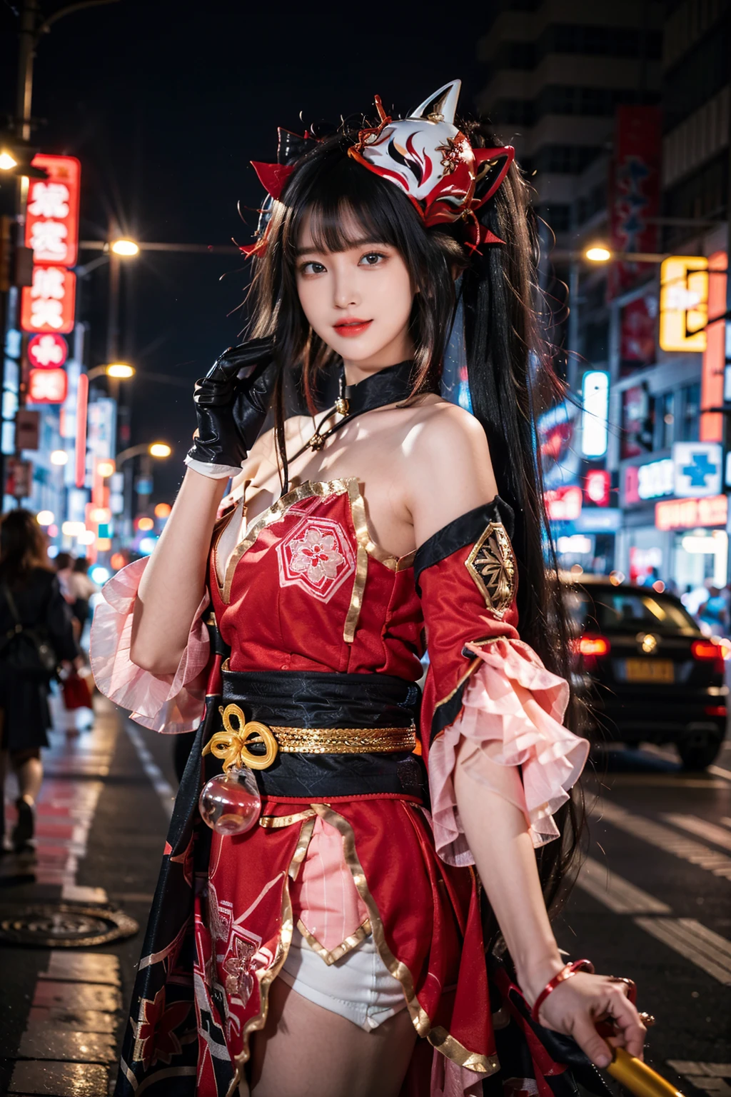 best quality, masterpiece, realistic, photorealistic, 1girl, solo, looking at viewer, smile, long black hair, bangs, standing, cowboy shot, sparkle cosplay costume, cosplay, twintails, dress, detached sleeves, bell, single glove, hair ornament, bare shoulders, fox mask, mask on head, city , tokyo, street, people, building, people, light, night, neon light, cyberpunk, <lora:Honkai_StarRail_Sparkle_costplay_costume_v1:0.7>