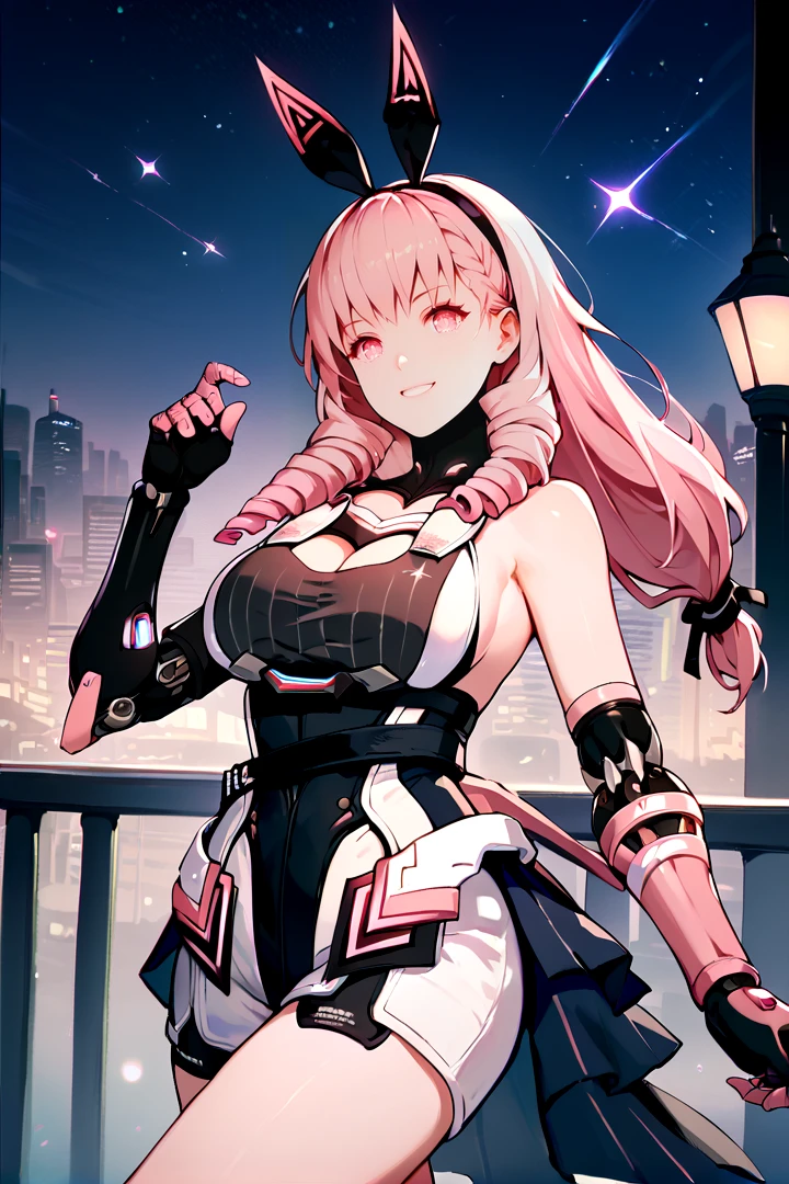 Optimal,masterpiece,High resolution,highest quality,(Upper body),cute face,,pink hair、twin tails、long hair、hair line,((blue eyes)),long eyelashes,drooping corners of the eyes,white skin,((shoot from the front:1.5)), ((Tight knit off-shoulder sweater:1.5)), ((tight yoga pants)). ((transparent nipples))、((black gloves))、rocket tits, ((big breasts:1.3))