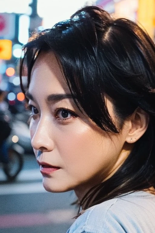 Best quality,masterpiece,ultra high res,(photorealistic:1.2),1girl,in the dark,deep shadow,low key,(photorealistic:1.2),taipei street alley,dynamic pose,face closeup,makeup,lipstick,25 years old,<lora:amigo_chiang:1>,