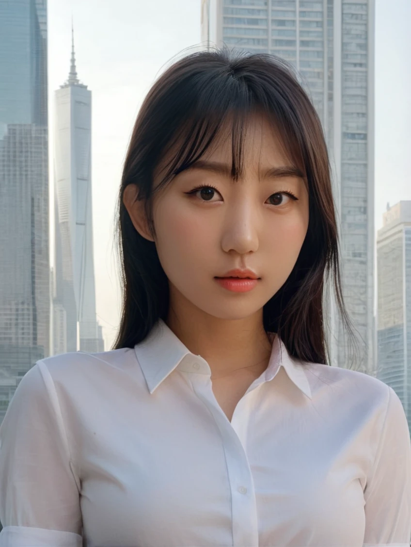 a beautiful picture of eunjiXL, detailed skin texture,masterpiece, photorealistic, woman, 4k, light, RAW color photo,(fully in frame:1.1), (blush:0.5), (goosebumps:0.5), <lora:eunjiXL:1> wearing a white shirt,city building at day