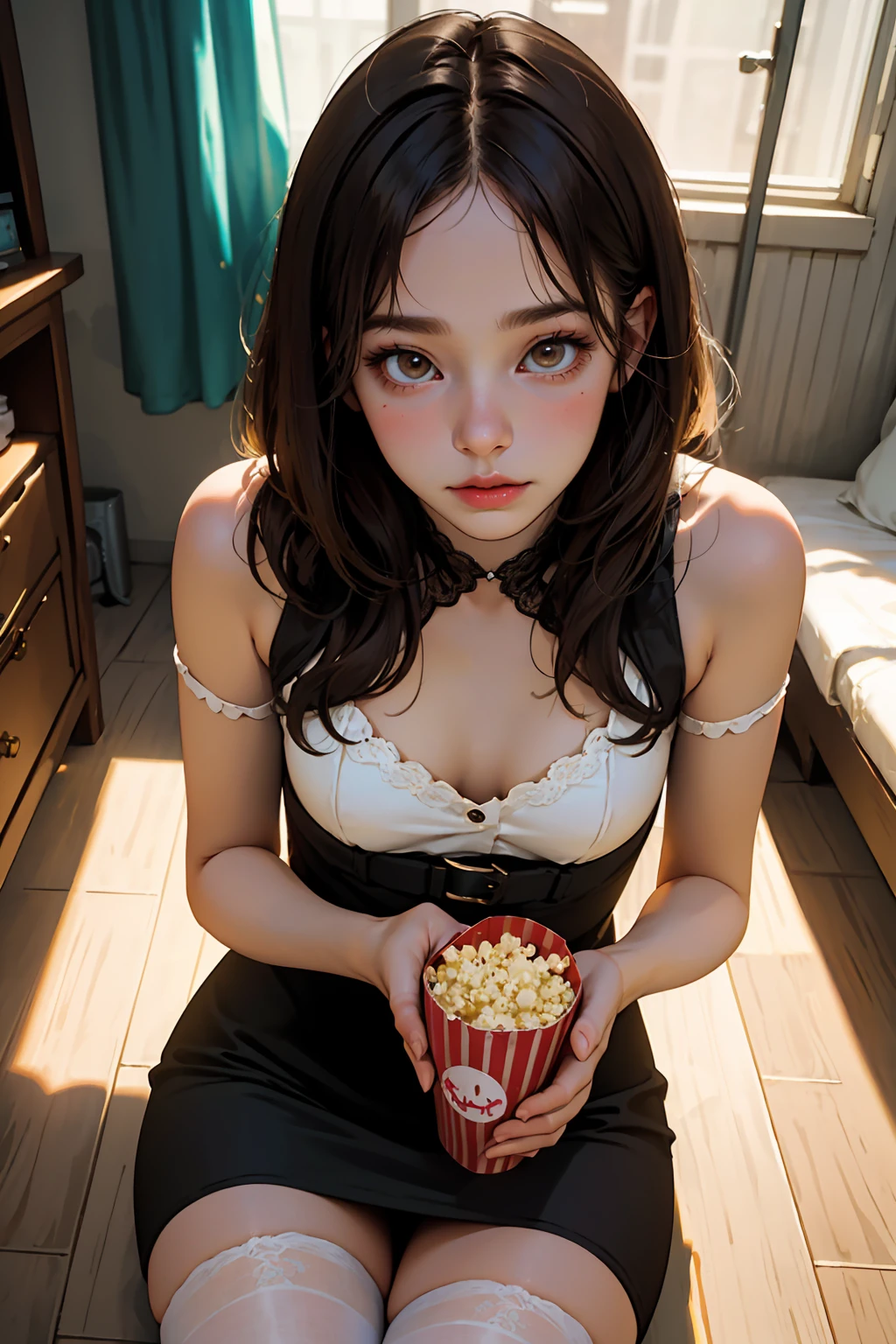 ( detailed realistic background:1), ( official art, beautiful and aesthetic:1 ), realistic lighting, cinematic lighting, hyperrealism, soothing tones, muted colors, high contrast, soft light, sharp, artistic photoshoot, ( cute, petite), slender, european, pale cheeks, square face shape with angular jaw, natural "no-makeup" makeup, big breasts, , wearing Wearing a Cinched Waist Blouse , Wearing a Sheath Dress and lace top stockings , , From Above , Bare shoulders, Bare neck, brown hair, light brown eyes, , At a 1950s County Fair: Colorful attractions, popcorn smell, bright balloons,