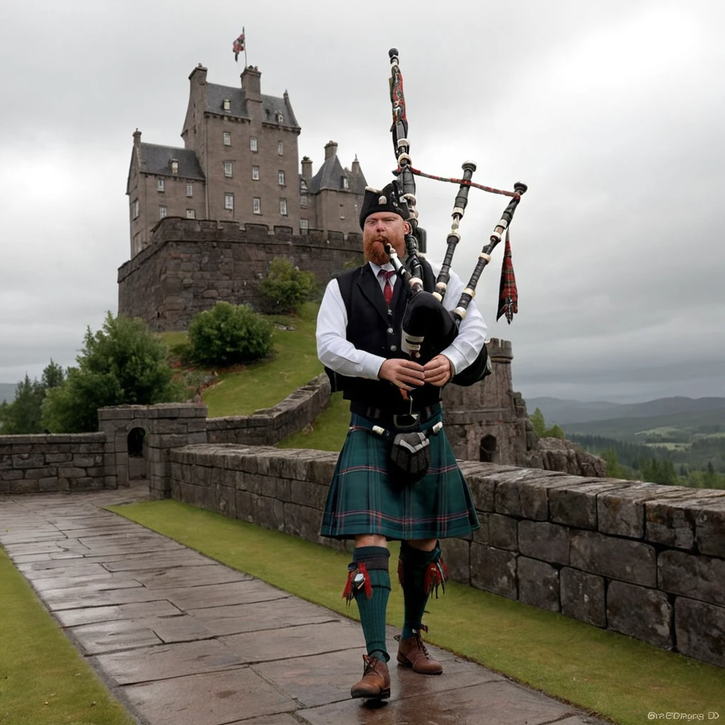 (a person playing bgpps) standing on the battlements of a scottish highland castle, bgpps, bagpipes, castle, highlands, rain,  High quality 3D rendering, fantasy, Pixar 3D character design style, ZBrush high-polygon modeling,