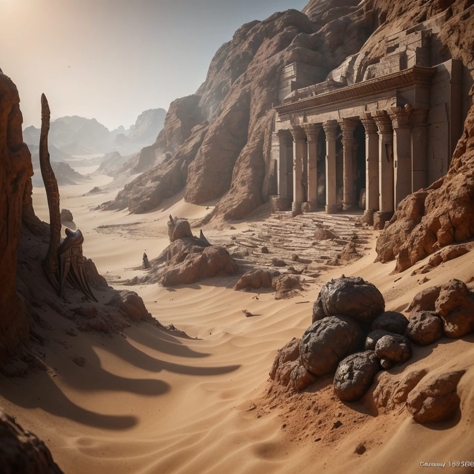 Cinematic images,Hyper-realistic,Ultra-wide viewing angle,Vast desert,oases,Ruined ruins,中景 the scene is,super-fine,Detailed pubic hair,stereoscopic perspective,Works of masters,detail in face,super-fine,16K resolution,high qulity,电影灯光,High picture detail,dynamic viewing angle,Detailed pubic hair,Epic shooting,oc rendered