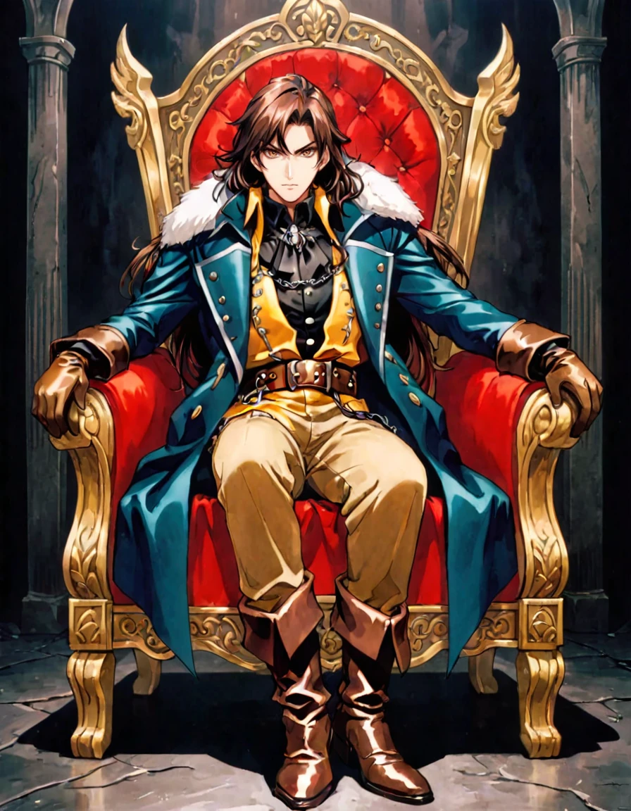 anime artwork photograph Richard Belmont, sotn, 1boy, male focus, brown gloves, official art, sitting, brown hair, long hair, boots, throne, retro artstyle, coat, belt, full body, black background, chair, scan, 1990s (style), pants, shirt, simple background
<lora:sotn:.6>
<lora:offset_0.2:0.5>, 50mm . cinematic 4k epic detailed 4k epic detailed photograph shot on kodak detailed cinematic hbo dark moody, 35mm photo, grainy, vignette, vintage, Kodachrome, Lomography, stained, highly detailed, found footage . anime style, key visual, vibrant, studio anime, highly detailed